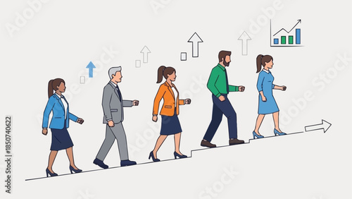 Diverse group of professionals walking up a rising arrow symbolizing career growth and success.