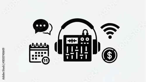 Podcast Recording Equipment and Symbols for Broadcasting and Monetization.