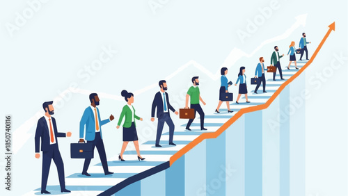 Diverse group of professionals climbing a rising graph representing career growth and success.