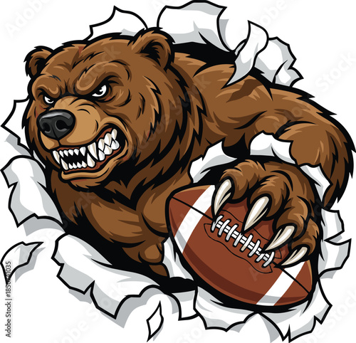 Aggressive cartoon bear ripping through wall with American football angry ferocious