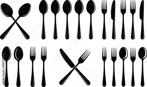 Cutlery silhouette collection with spoon fork knife sets isolated on white background, dining tableware icons, restaurant kitchen vector illustration