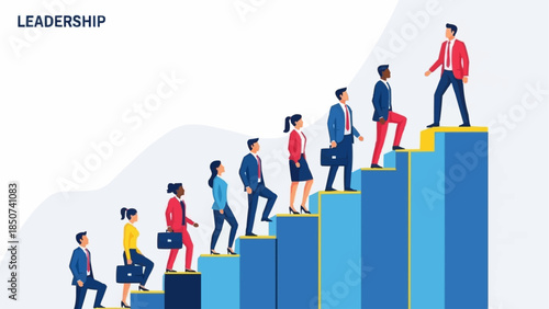 Business people climbing stairs towards leadership success.