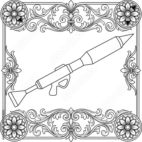Black and white line art frame with rocket launcher illustration weapon military