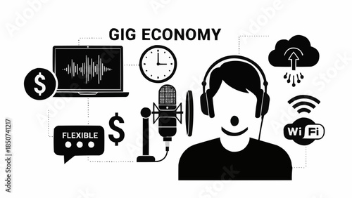 Gig Economy Worker with Audio Equipment and Technology Icons.