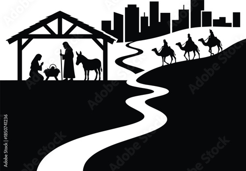 Black and white nativity scene silhouette with wise men on camels approaching city vector illustration