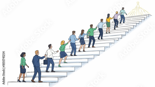 Diverse group of people climbing stairs together supporting each other.