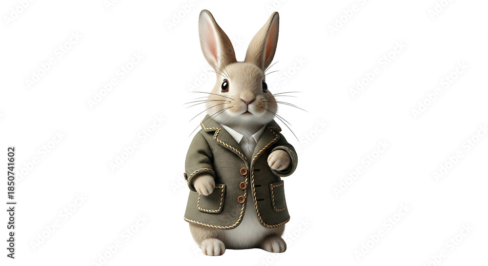 Obraz premium Rabbit in a jacket standing upright looking forward.