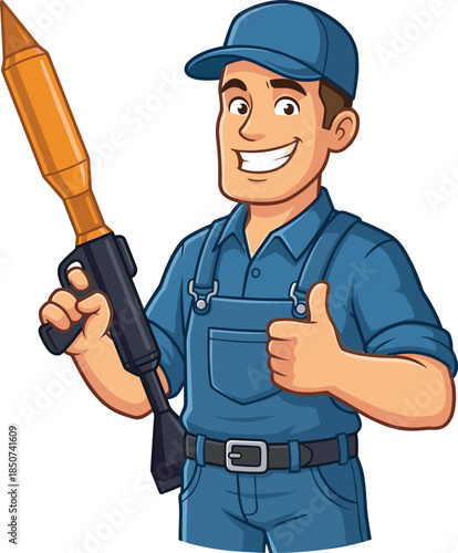 Cartoon construction worker with rocket launcher and thumbs up builder mechanic