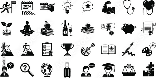 Conceptual Hilltop and Skyline-View New Year Celebration Silhouette Icon Set