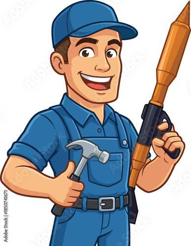 Cartoon handyman with hammer and rocket launcher giving thumbs up worker mechanic