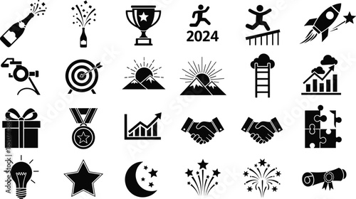 Conceptual Hilltop and Skyline-View New Year Celebration Silhouette Icon Set