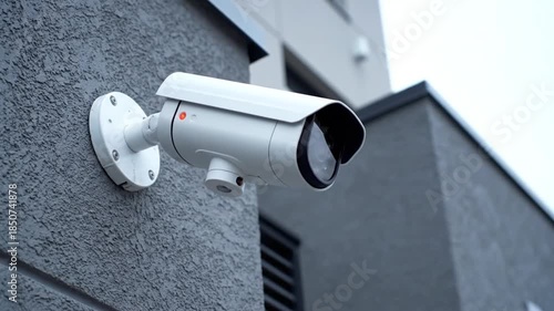 Security camera on building exterior monitors surroundings