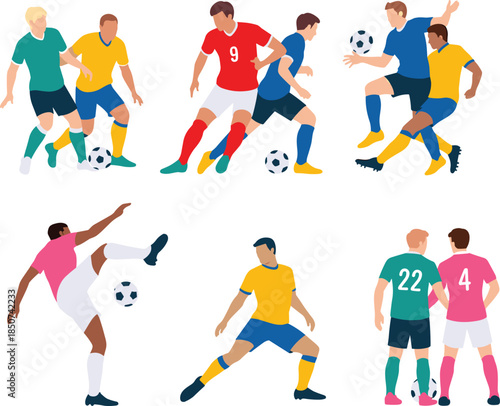 Collection of diverse soccer players in action on white background football sport