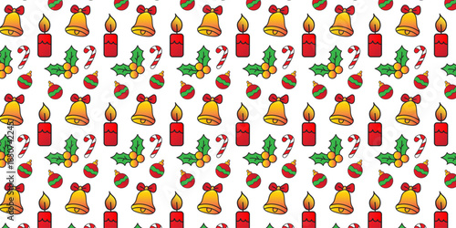 Seamless Christmas Pattern Featuring Festive Bells, Candles, and Holly Berries for Holiday Designs