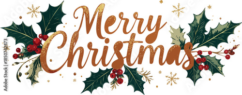 Elegant Merry Christmas Typography with Holly Berries Vector