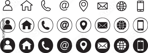 Vector  illustration of Contact information icon set with user, home, phone, email, location, and mobile symbols, isolated on white background and transparent background