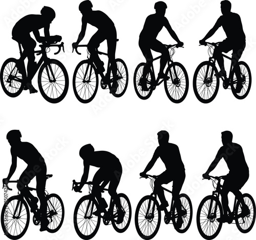 Eight Silhouettes Of Cyclists In Different Poses And Styles Keywords: cyclist, silhouette, cycling, bicycle, bike, rider, sport
