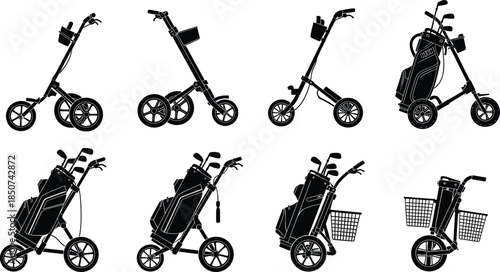 Golf push cart silhouette collection with different angles, modern golf trolley icons isolated on white background, sports equipment illustration set