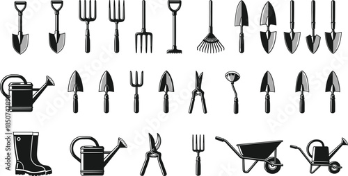 Gardening tools silhouette set featuring shovels rakes forks watering cans wheelbarrows isolated on white background, landscaping equipment vector icons