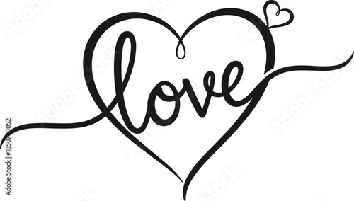 Hand drawn love heart lettering illustration with romantic typography design, minimalist calligraphy symbol, black line art isolated on white background