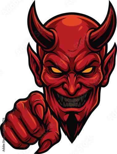 Fiery Red Devil with Yellow Eyes Pointing Finger and Wicked Grin anger angry