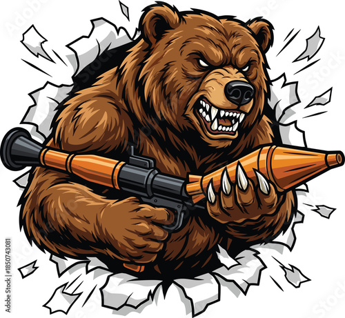 Fierce cartoon bear bursting through a wall with a rocket launcher angry aggressive