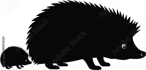 Hedgehog silhouette pair, animal outline, baby and adult, black minimal art, family moment, nature icon, spiky quills, wildlife symbol