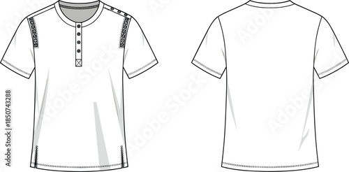 Henley t-shirt sketch, button placket, stitched panels, crew neckline, fashion flat, garment design, clothing template, apparel illustration, vector outline, menswear style