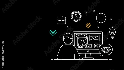 Man working on computer with business icons around him.