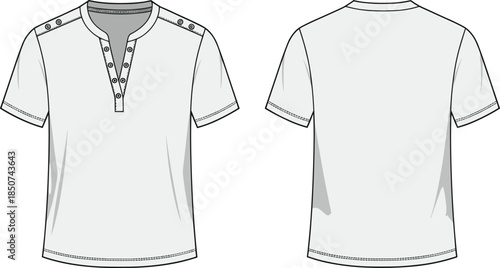 Henley t-shirt sketch, six-button placket, shoulder buttons, round neckline, fashion flat, garment design, clothing template, apparel illustration, vector outline, menswear detail