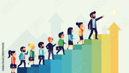 Diverse group of professionals climbing stairs representing career growth and success.