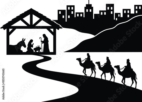 Nativity scene silhouette with wise men on camels approaching Bethlehem cityscape vector illustration