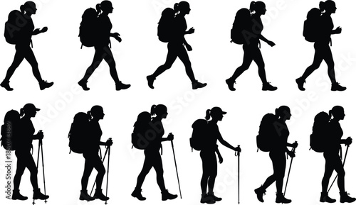 Hikers silhouettes, trekking poles, backpacks, walking posture, outdoor activity, black shapes, nature movement, hiking gear, fitness, travel, trail, motion, journey
