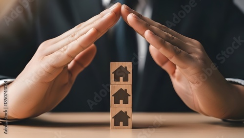 Hands protecting a model house symbolizing real estate insurance