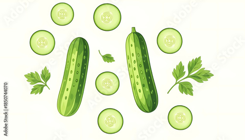 for kids clothes, decoration and wallpaper, fresh cucumbers on white background