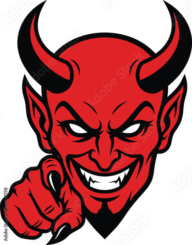 Red Devil Character Pointing Finger with Sharp Teeth and Horns anger angry