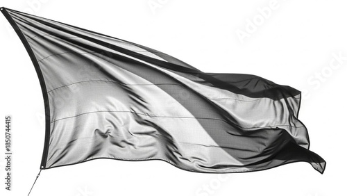 A black translucent fabric flag waving dynamically in the wind against a clean white background, showcasing its flowing texture and sheer quality.
