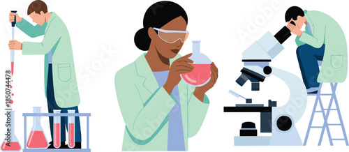 Scientists conducting experiments with beakers and microscope in a laboratory setting Keywords: science, laboratory, research