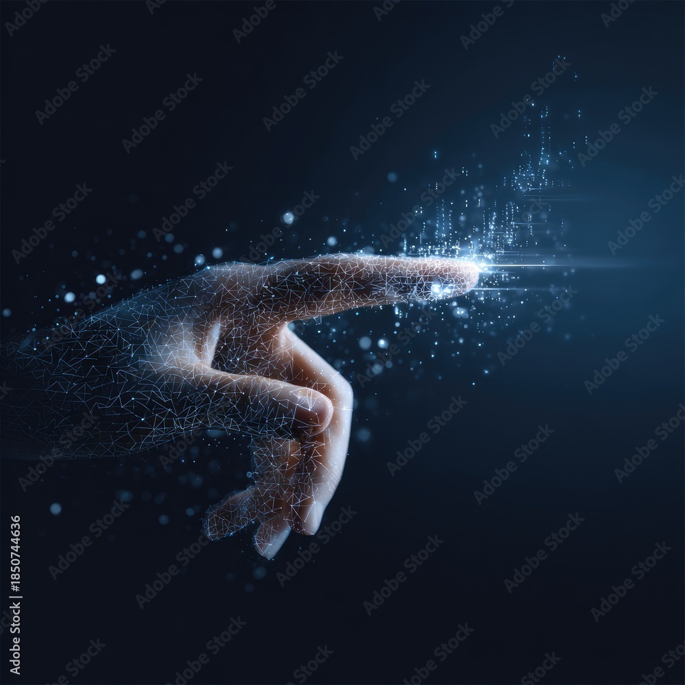 Fototapeta premium A hand with a fingertip emitting digital particles on a dark blue gradient background