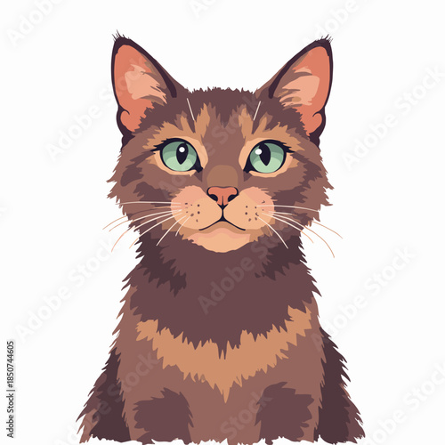 A Havana Brown cat with piercing green eyes. Rich, warm chocolate brown color block. Sleek, rectangular body shape. Clean vector design. White background