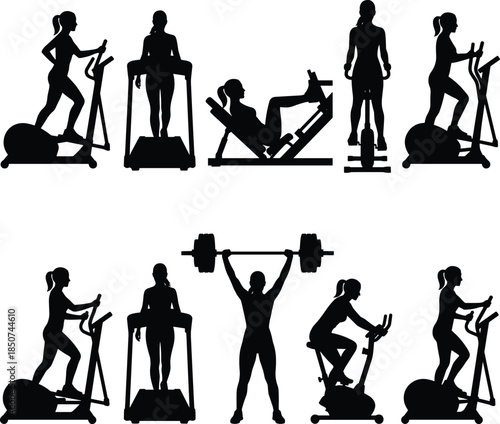 Silhouettes of women exercising on gym equipment on white background Keywords: fitness, exercise, workout, gym, woman, silhouette