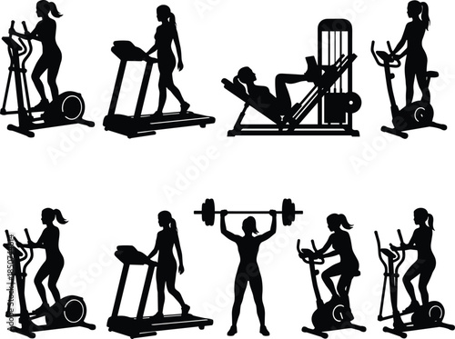 Silhouettes of Women Exercising on Gym Equipment on White Background woman fitness