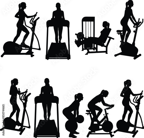 Silhouettes of Women Exercising on Gym Equipment on White Background woman fitness