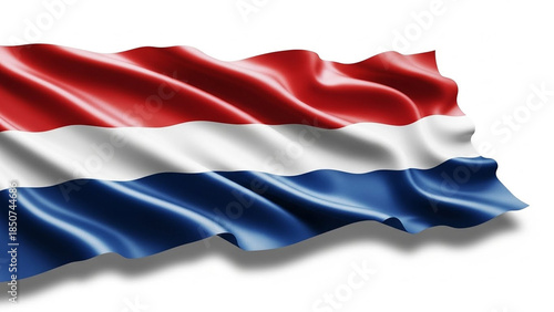 A vibrant, flowing flag of the Netherlands with distinct red, white, and blue horizontal stripes against a clean white background.