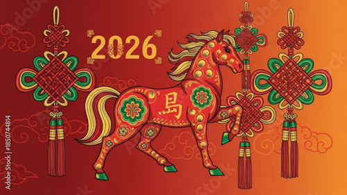Vibrant 2026 chinese new year horse illustration with red