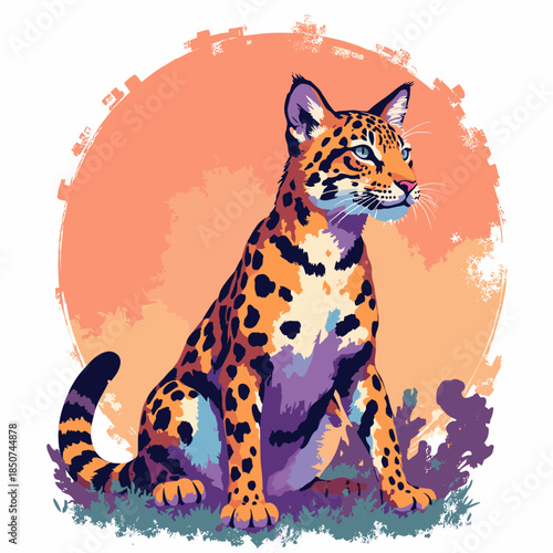 A Bengal cat with bright neon leopard spots. Vibrant orange background fur. Wild, energetic pose. Clean black outlines. Pop art vector. White background