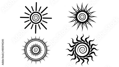 Black Spiral Sun Silhouette Vector Set Showing Short Long Double Flame Ray Variations