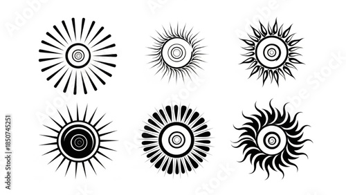 Black Spiral Sun Silhouette Vector Set Showing Short Long Double Flame Ray Variations
