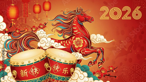 Vibrant red horse with colorful mane and tail jumping