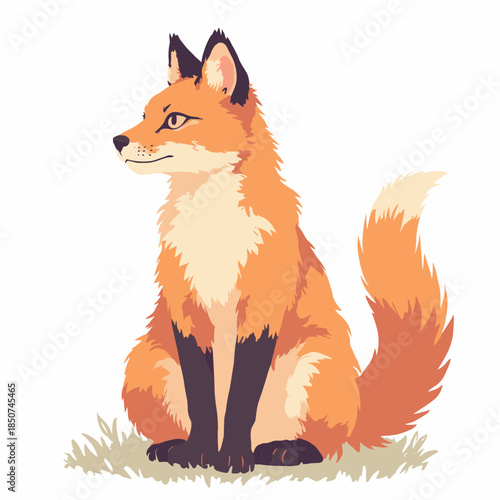 A Somali cat with a fox-like bushy tail. Ruddy orange color. Alert, listening pose. Dynamic vector curves. White background